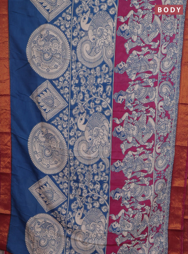 Kalamkari semi silk saree blue pink and dark pink with allover prints and zari woven border