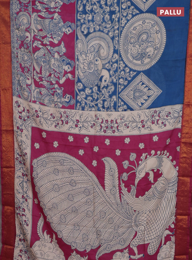 Kalamkari semi silk saree blue pink and dark pink with allover prints and zari woven border