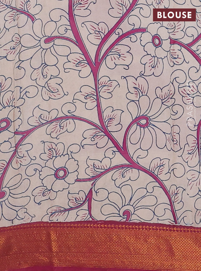 Kalamkari semi silk saree blue pink and dark pink with allover prints and zari woven border