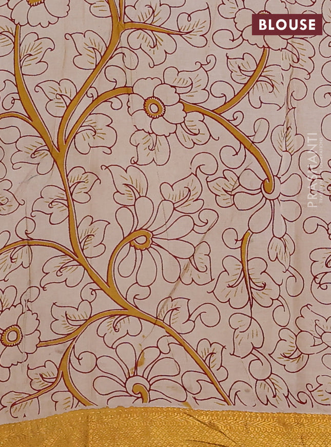 Kalamkari semi silk saree maroon and mustard yellow with allover prints and zari woven border