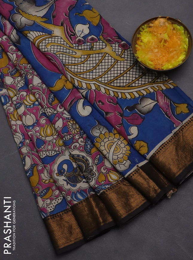 Kalamkari semi silk saree pink and coffee brown with allover prints and zari woven border