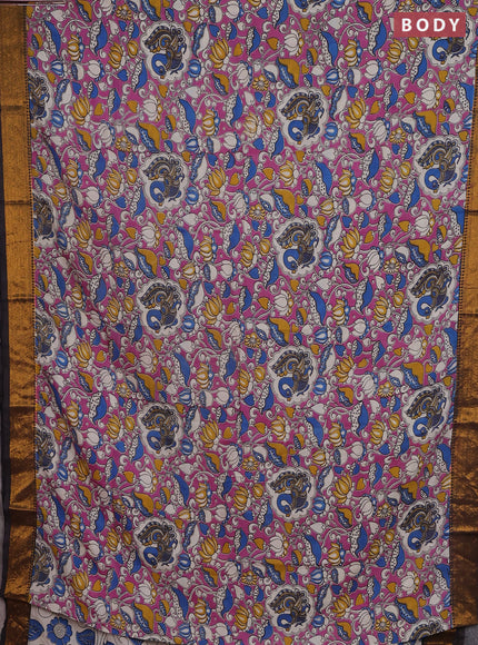 Kalamkari semi silk saree pink and coffee brown with allover prints and zari woven border