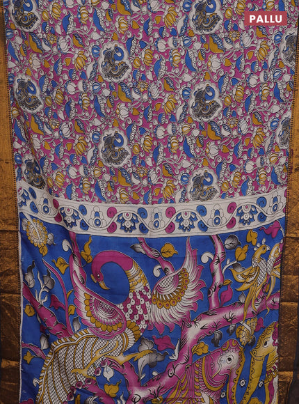 Kalamkari semi silk saree pink and coffee brown with allover prints and zari woven border