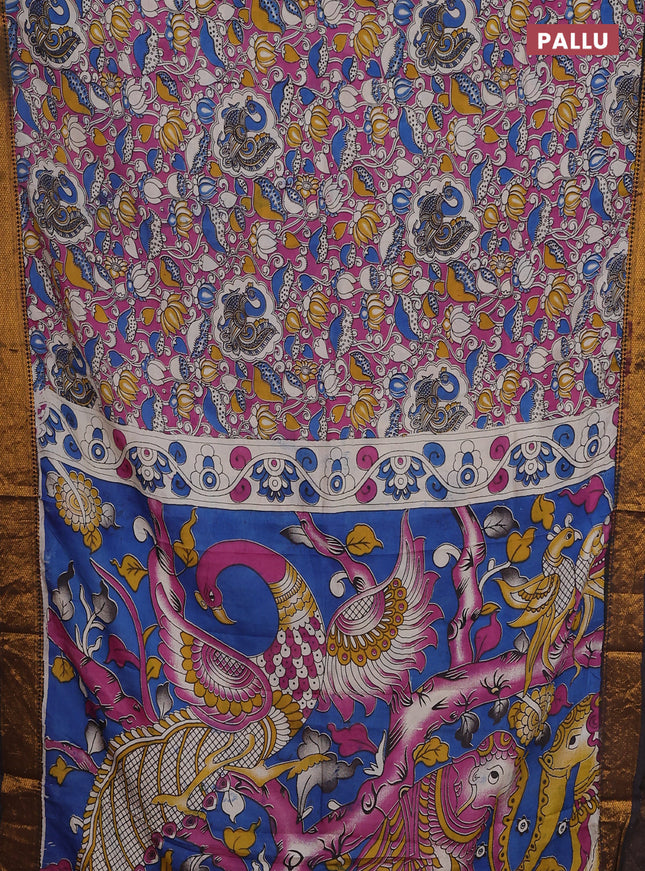 Kalamkari semi silk saree pink and coffee brown with allover prints and zari woven border