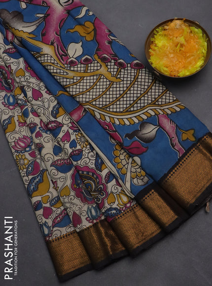 Kalamkari semi silk saree beige and black with allover prints and zari woven border