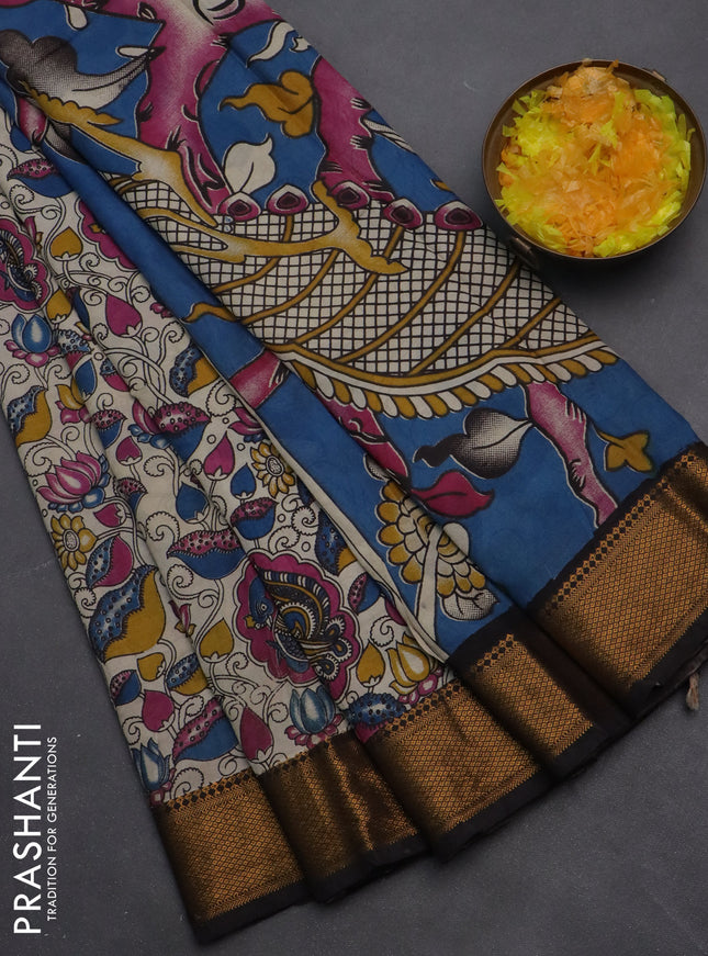 Kalamkari semi silk saree beige and black with allover prints and zari woven border