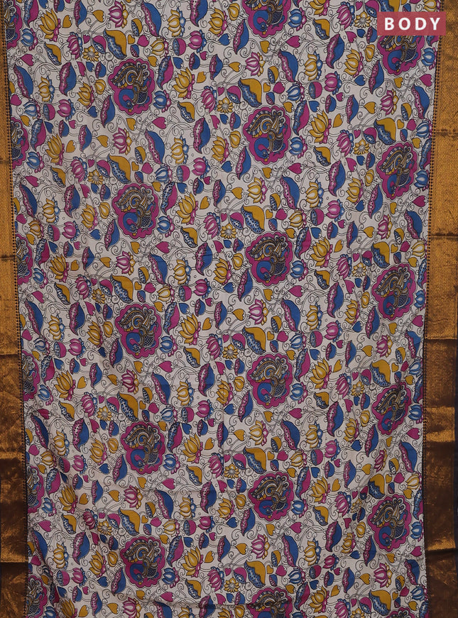 Kalamkari semi silk saree beige and black with allover prints and zari woven border