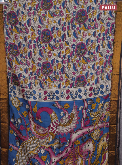 Kalamkari semi silk saree beige and black with allover prints and zari woven border