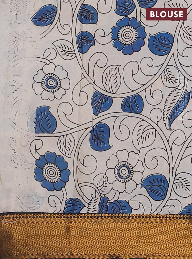 Kalamkari semi silk saree beige and black with allover prints and zari woven border