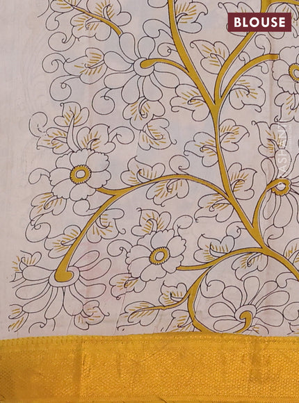 Kalamkari semi silk saree maroon and mustard yellow with allover prints and zari woven border