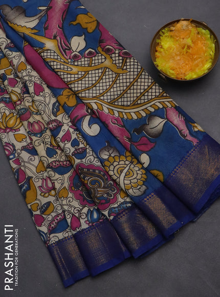 Kalamkari semi silk saree beige and blue with allover prints and zari woven border