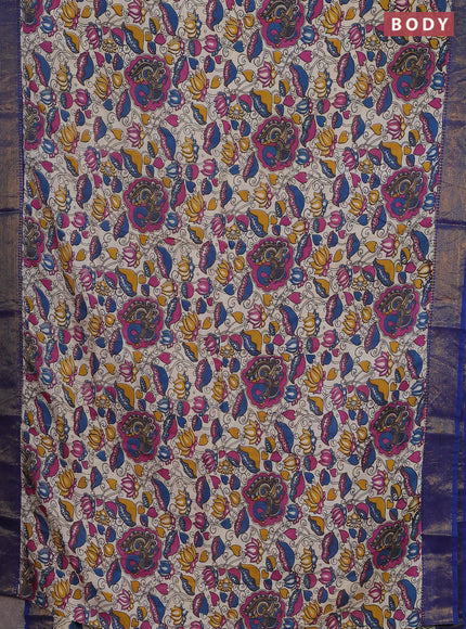 Kalamkari semi silk saree beige and blue with allover prints and zari woven border