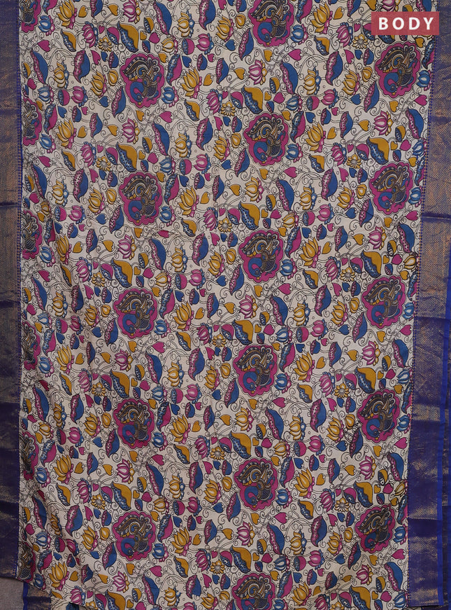 Kalamkari semi silk saree beige and blue with allover prints and zari woven border
