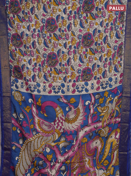Kalamkari semi silk saree beige and blue with allover prints and zari woven border