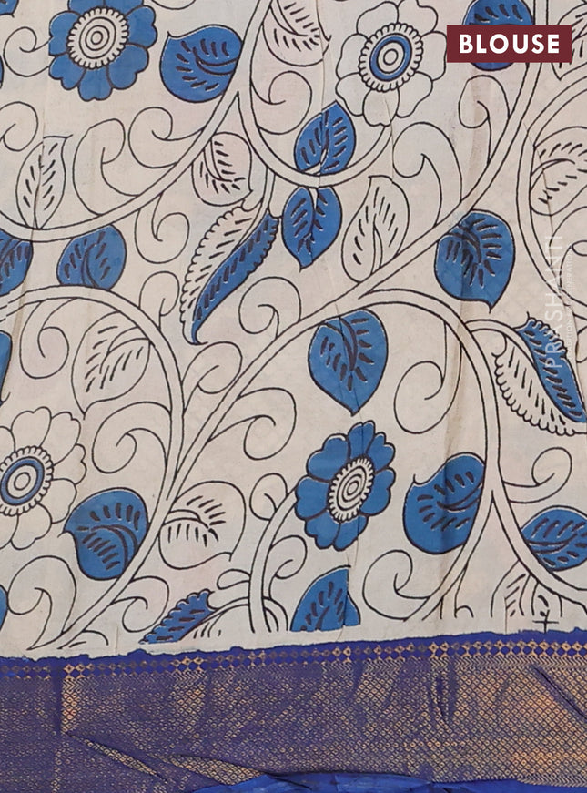 Kalamkari semi silk saree beige and blue with allover prints and zari woven border