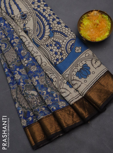 Kalamkari semi silk saree blue and black with allover prints and zari woven border