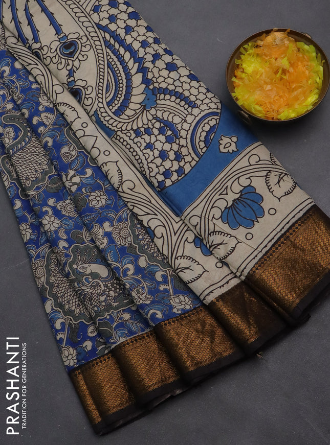 Kalamkari semi silk saree blue and black with allover prints and zari woven border