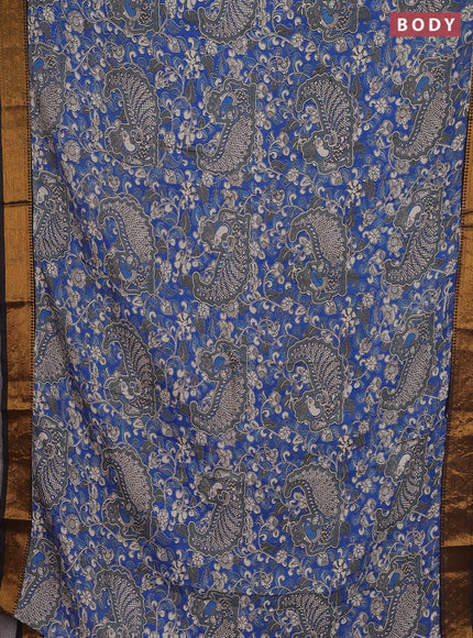 Kalamkari semi silk saree blue and black with allover prints and zari woven border