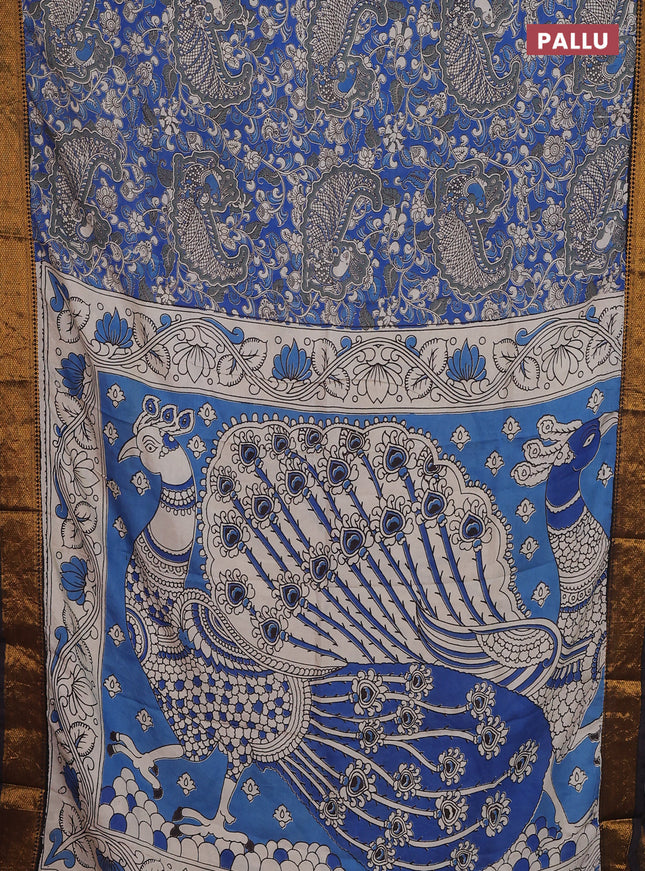 Kalamkari semi silk saree blue and black with allover prints and zari woven border