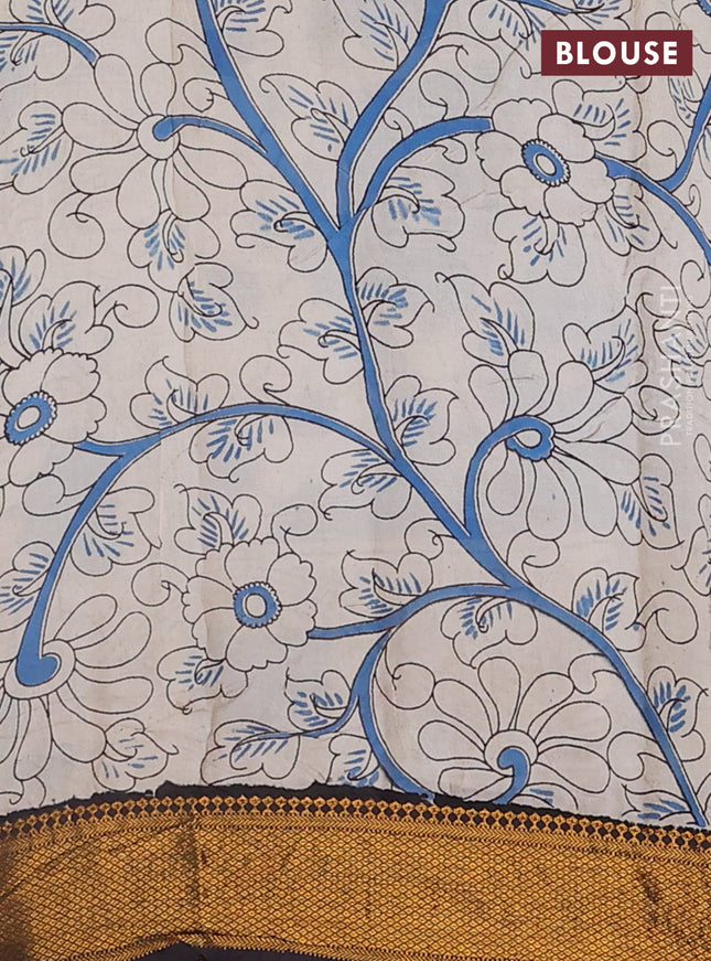 Kalamkari semi silk saree blue and black with allover prints and zari woven border