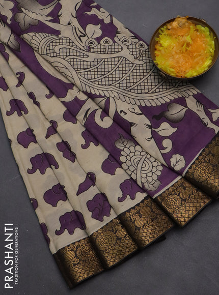 Kalamkari semi silk saree beige purple and black with allover elephant butta prints and zari woven border