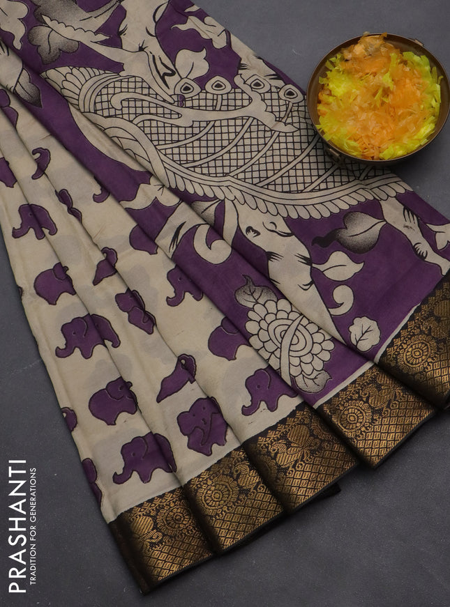 Kalamkari semi silk saree beige purple and black with allover elephant butta prints and zari woven border