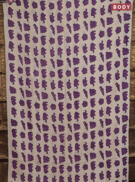 Kalamkari semi silk saree beige purple and black with allover elephant butta prints and zari woven border