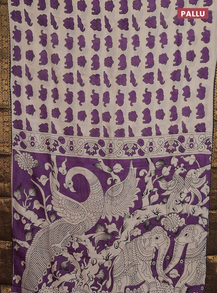Kalamkari semi silk saree beige purple and black with allover elephant butta prints and zari woven border