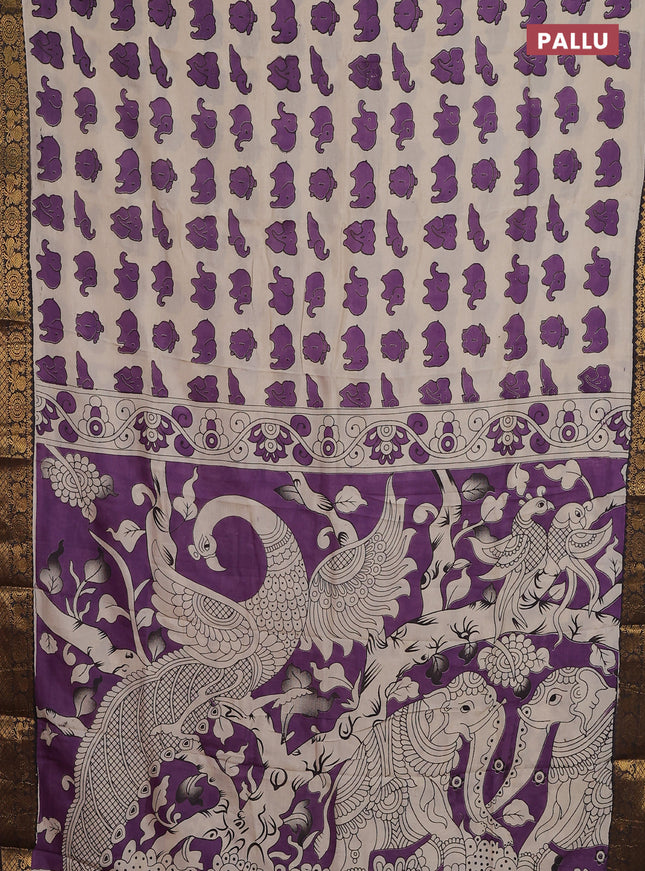 Kalamkari semi silk saree beige purple and black with allover elephant butta prints and zari woven border