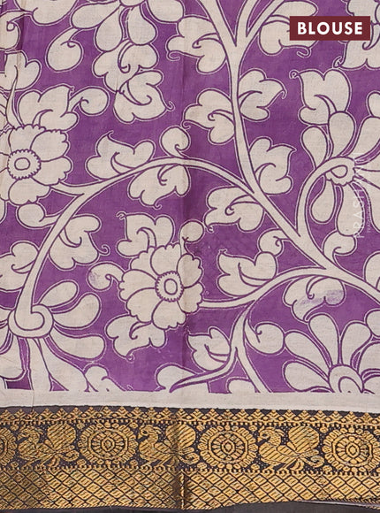 Kalamkari semi silk saree beige purple and black with allover elephant butta prints and zari woven border