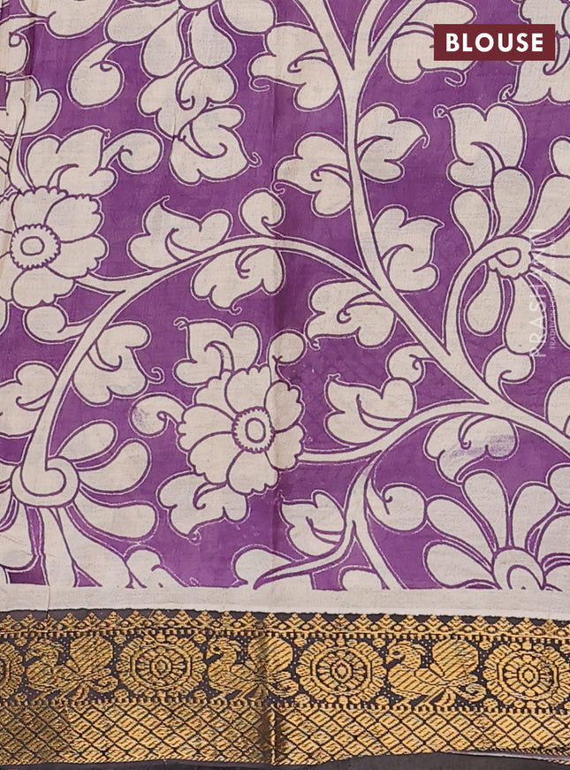 Kalamkari semi silk saree beige purple and black with allover elephant butta prints and zari woven border