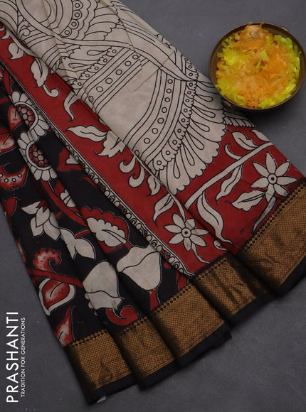 Kalamkari semi silk saree black with allover prints and zari woven border