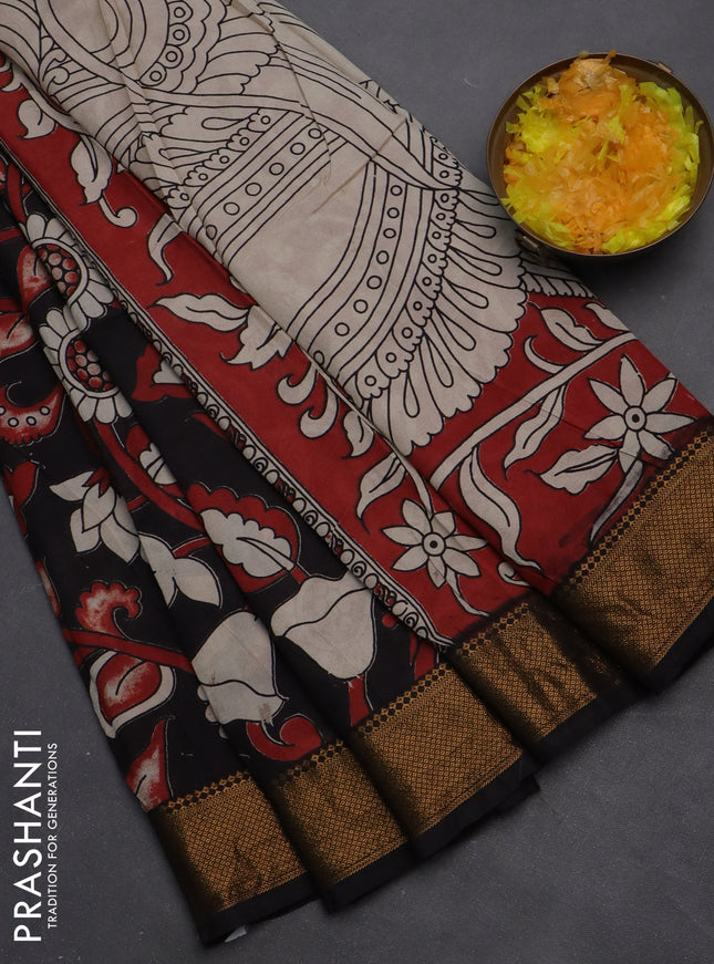Kalamkari semi silk saree black with allover prints and zari woven border