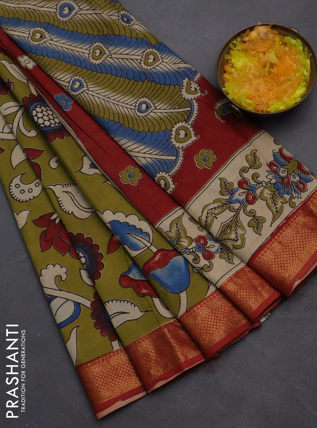 Kalamkari semi silk saree lime green and rust shade with allover prints and zari woven border