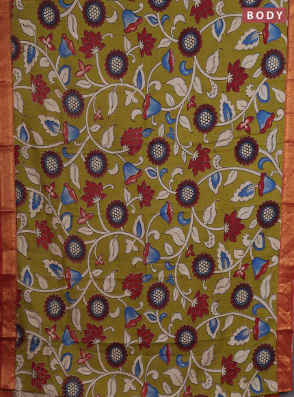 Kalamkari semi silk saree lime green and rust shade with allover prints and zari woven border