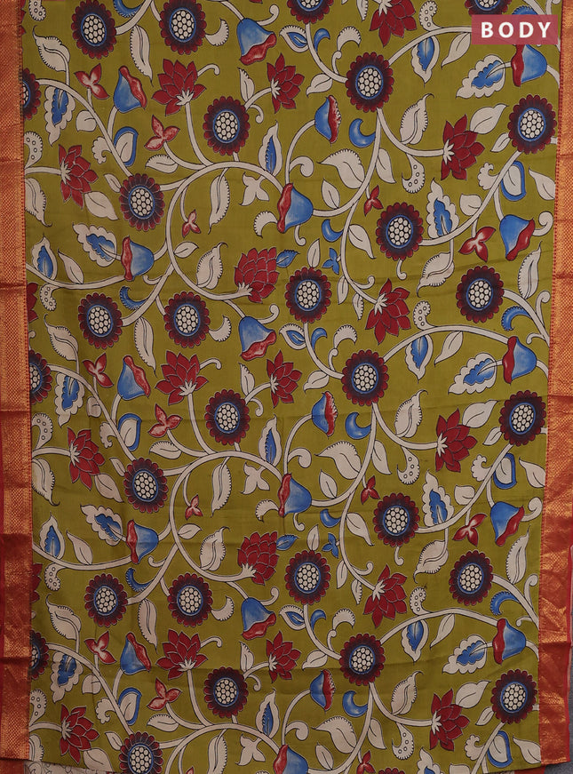 Kalamkari semi silk saree lime green and rust shade with allover prints and zari woven border