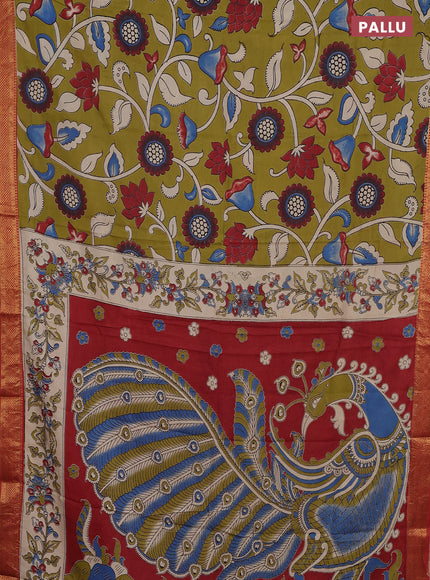 Kalamkari semi silk saree lime green and rust shade with allover prints and zari woven border