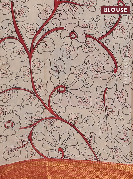 Kalamkari semi silk saree lime green and rust shade with allover prints and zari woven border