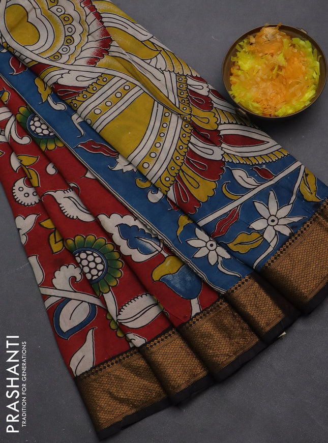 Kalamkari semi silk saree maroon and black with allover prints and zari woven border