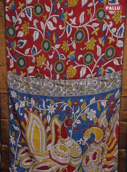 Kalamkari semi silk saree maroon and black with allover prints and zari woven border