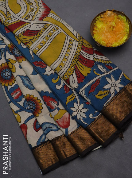 Kalamkari semi silk saree beige and black with allover prints and zari woven border