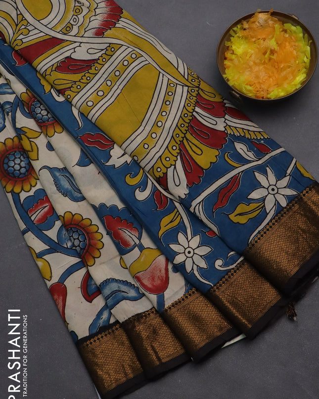 Kalamkari semi silk saree beige and black with allover prints and zari woven border