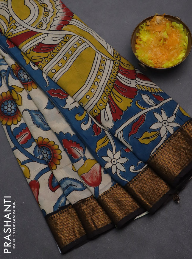 Kalamkari semi silk saree beige and black with allover prints and zari woven border
