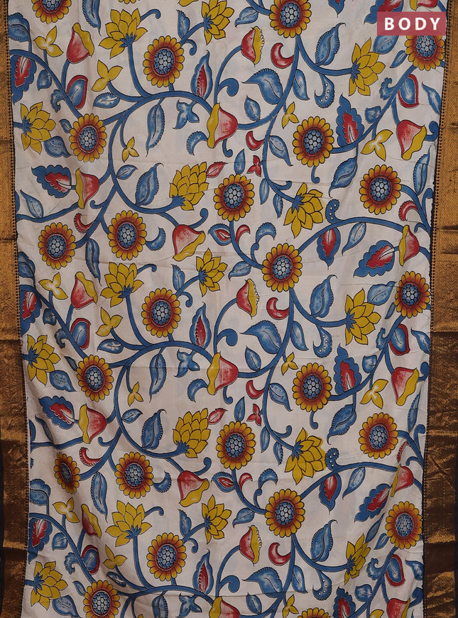 Kalamkari semi silk saree beige and black with allover prints and zari woven border