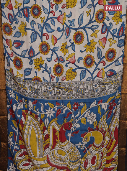 Kalamkari semi silk saree beige and black with allover prints and zari woven border