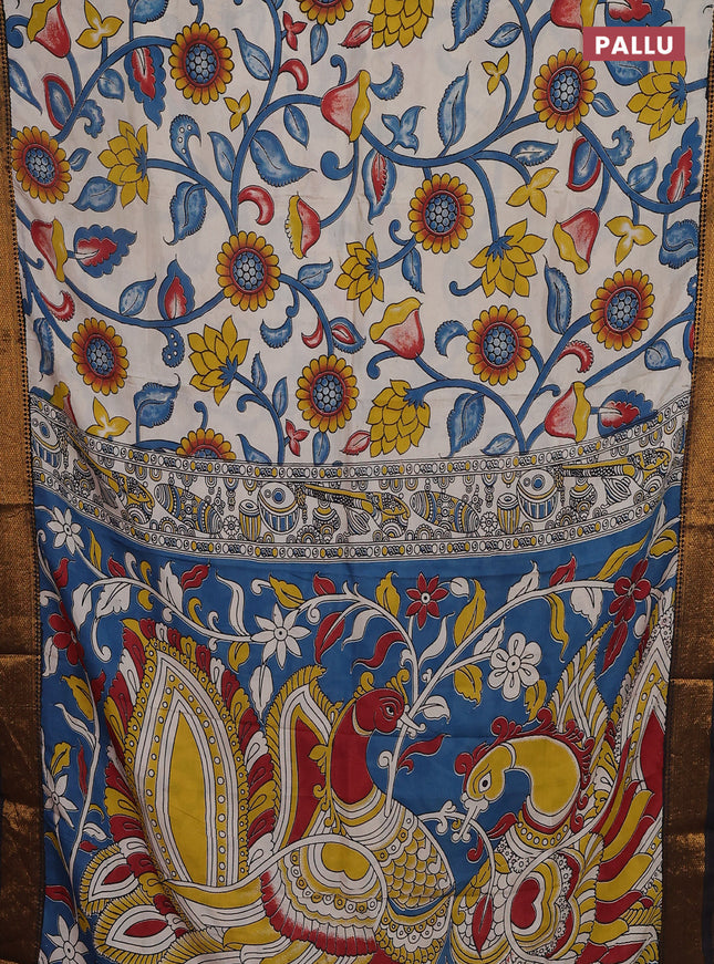 Kalamkari semi silk saree beige and black with allover prints and zari woven border