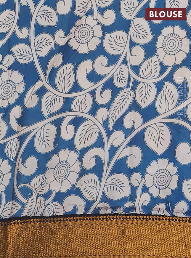 Kalamkari semi silk saree beige and black with allover prints and zari woven border