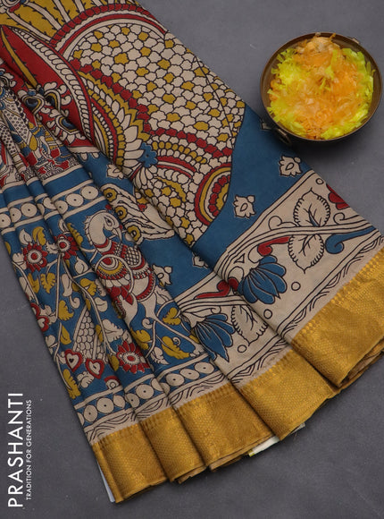 Kalamkari semi silk saree cs blue and mustard yellow with allover prints and zari woven border