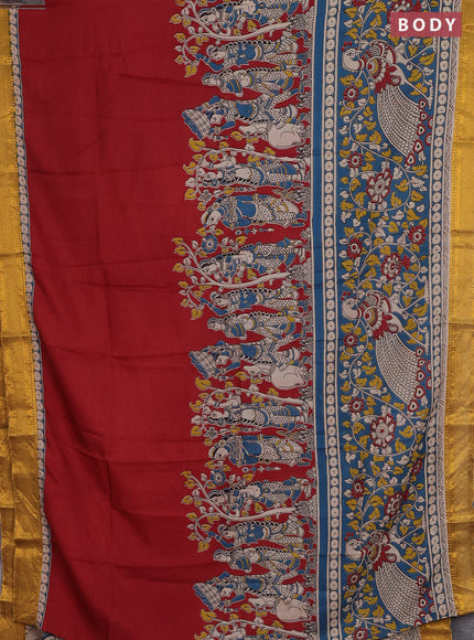 Kalamkari semi silk saree cs blue and mustard yellow with allover prints and zari woven border