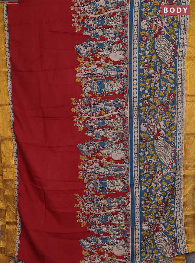 Kalamkari semi silk saree cs blue and mustard yellow with allover prints and zari woven border